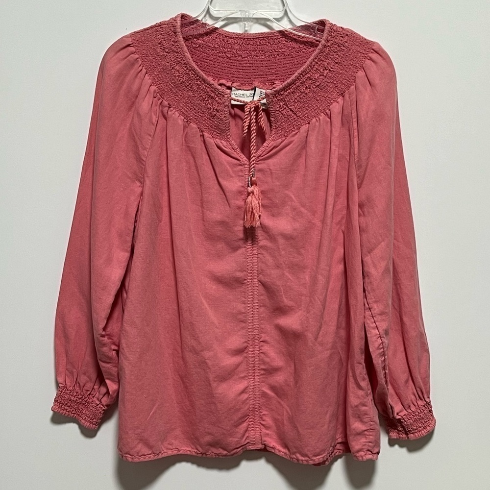 Rachel Zoe Rose Pink Linen Cotton
Smocked Tassel long sleeve casual Pullover Top
